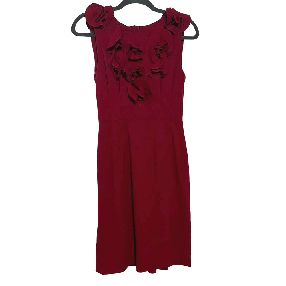 Vintage Badgley Mischka Women's Red Ruffled Midi Cocktail Dress Floral 90s